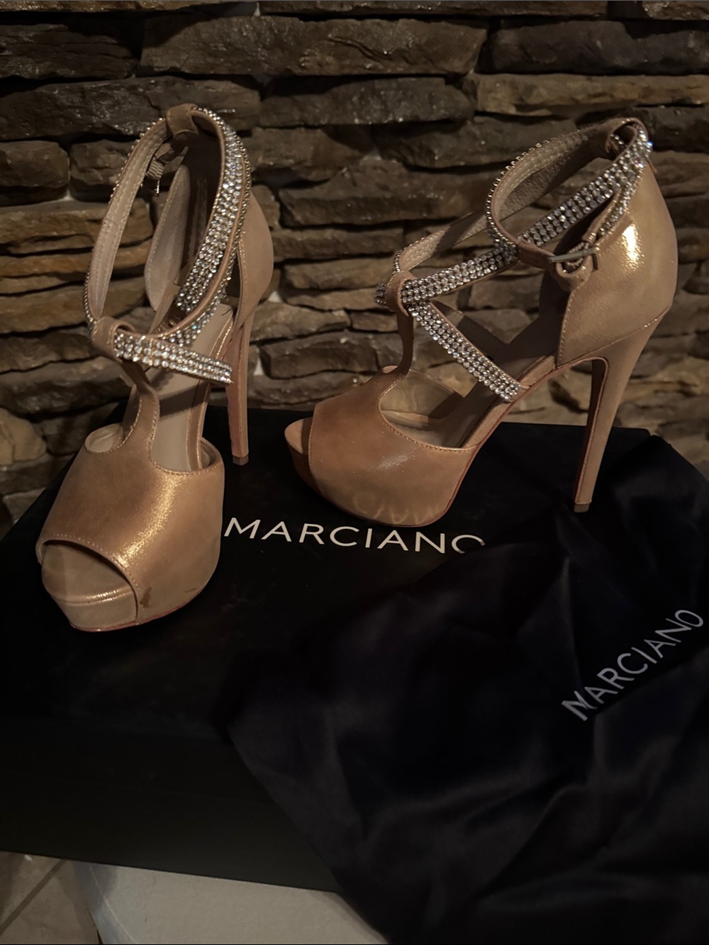 Marciano Champagne Crystal-Strap Peep-Toe Platform Heels